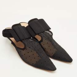 مملوكة مسبقًا حذاء ديور مسطح ظهر مفتوح شبكة سوداء وزخرفة شامواه مرقط وربطة مقاس 40