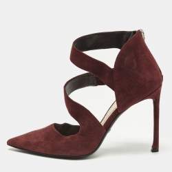 Pre Owned Dior Size 36.5 Burgundy Suede Ankle Strap D'orsay Pointed Toe Pumps
