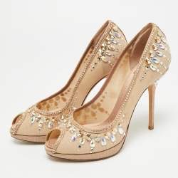 Pre Owned Dior Size 39 Beige Mesh and Net Peep Crystal Embellished Toe Pumps