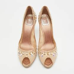 Pre Owned Dior Size 39 Beige Mesh and Net Peep Crystal Embellished Toe Pumps