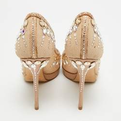 Pre Owned Dior Size 39 Beige Mesh and Net Peep Crystal Embellished Toe Pumps