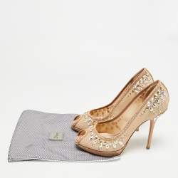 Pre Owned Dior Size 39 Beige Mesh and Net Peep Crystal Embellished Toe Pumps