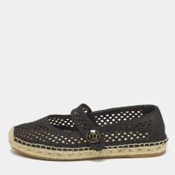 Pre Owned Dior Caro Size 37 Black Fabric Espadrille Mary-Jane Flats