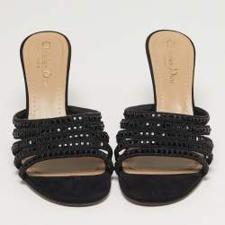 Pre Owned صندل سلايد ديور شمواه أسود مزخرف كريستال مقاس 37