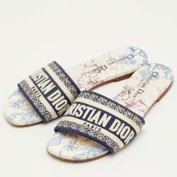 مملوكة مسبقًا Dior Dway Size 36 Navy Blue/White Embroidered Canvas Flat Slide Sandals