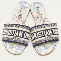 مملوكة مسبقًا Dior Dway Size 36 Navy Blue/White Embroidered Canvas Flat Slide Sandals
