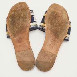 مملوكة مسبقًا Dior Dway Size 36 Navy Blue/White Embroidered Canvas Flat Slide Sandals
