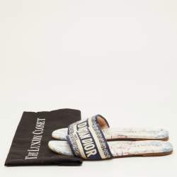 مملوكة مسبقًا Dior Dway Size 36 Navy Blue/White Embroidered Canvas Flat Slide Sandals