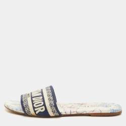 مملوكة مسبقًا Dior Dway Size 36 Navy Blue/White Embroidered Canvas Flat Slide Sandals
