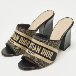 مملوكة مسبقًا Dior Dway Size 36 Black/Beige Embroidered Canvas Slide Sandals