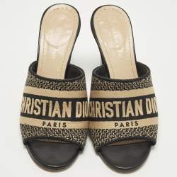 مملوكة مسبقًا Dior Dway Size 36 Black/Beige Embroidered Canvas Slide Sandals