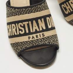 مملوكة مسبقًا Dior Dway Size 36 Black/Beige Embroidered Canvas Slide Sandals