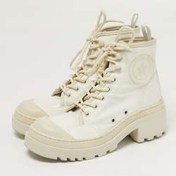 Pre Owned Dior Size 36.5 White Canvas and Leather Combat Boots