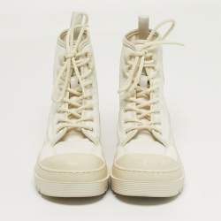 Pre Owned Dior Size 36.5 White Canvas and Leather Combat Boots