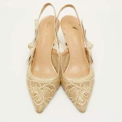 Pre Owned Dior J'Adior Size 40 Gold Metallic Mesh Embroidered Slingback Pumps