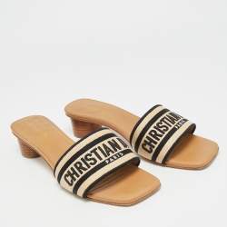 مملوكة مسبقًا Dior Dway Size 39 Brown/Black Embroidered Canvas Slide Sandals