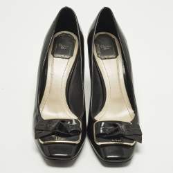 Pre Owned Dior Size 40.5 Black Patent Leather Bow Block Heel Pumps