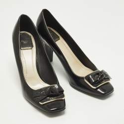 Pre Owned Dior Size 40.5 Black Patent Leather Bow Block Heel Pumps