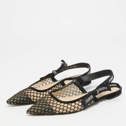 Pre Owned Dior J'Adior Size 38.5 Black Mesh and Suede Slingback Flats