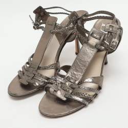 Pre Owned Dior Size 37 Metallic Metalic Leather and Python Leather Ankle Strap Sandals