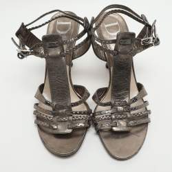 Pre Owned Dior Size 37 Metallic Metalic Leather and Python Leather Ankle Strap Sandals