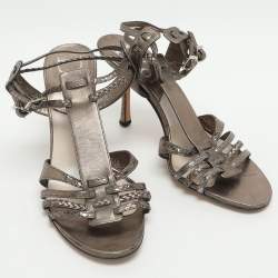 Pre Owned Dior Size 37 Metallic Metalic Leather and Python Leather Ankle Strap Sandals