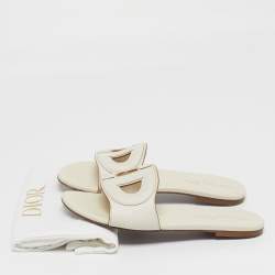 Pre Owned Dior D Club Size 38.5 Off White Leather Flat Slide Sandals