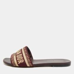 Pre Owned Dior Dway Size 36.5 Burgundy/Beige Embroidered Canvas Flat Slide Sandals
