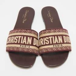 Pre Owned Dior Dway Size 36.5 Burgundy/Beige Embroidered Canvas Flat Slide Sandals