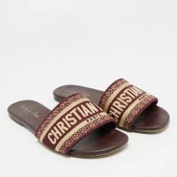 Pre Owned Dior Dway Size 36.5 Burgundy/Beige Embroidered Canvas Flat Slide Sandals