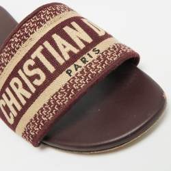 Pre Owned Dior Dway Size 36.5 Burgundy/Beige Embroidered Canvas Flat Slide Sandals
