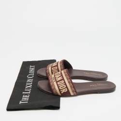 Pre Owned Dior Dway Size 36.5 Burgundy/Beige Embroidered Canvas Flat Slide Sandals
