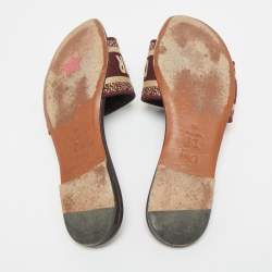 Pre Owned Dior Dway Size 36.5 Burgundy/Beige Embroidered Canvas Flat Slide Sandals