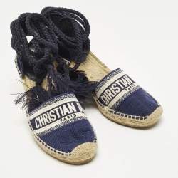 Pre Owned صندل ديور غرانفيل قماش بحياكة أزرق كحلي بكعب إسفين مقاس 40.5