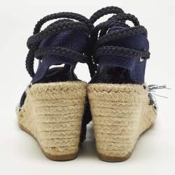 Pre Owned صندل ديور غرانفيل قماش بحياكة أزرق كحلي بكعب إسفين مقاس 40.5