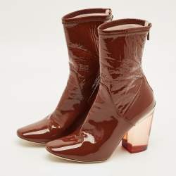 Pre Owned Dior Size 38.5 Brown Patent Leather Clear Heel Ankle Length Boots