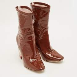 Pre Owned Dior Size 38.5 Brown Patent Leather Clear Heel Ankle Length Boots