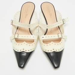 Pre Owned Dior Spectadior Size 40 Cream/Black Perforated Leather Pointed Toe Mules