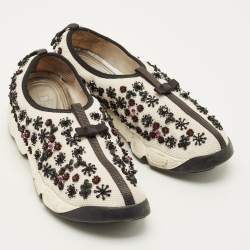 Pre Owned Dior Fusion Size 40 White/Black Mesh Embellished Slip On Sneakers