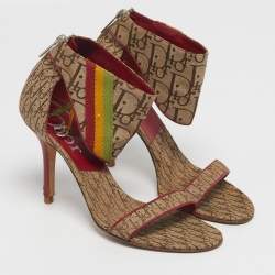 Pre Owned صندل ديور حزام حول الكاحل قماش بني بشعار مونوغرام مقاس 36.5