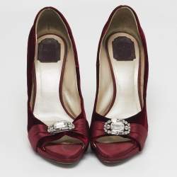 Pre Owned Dior Empire Size 41 Burgundy Velvet Crystal Embellished Peep Toe Pumps