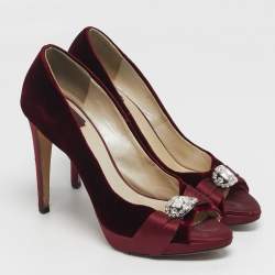 Pre Owned Dior Empire Size 41 Burgundy Velvet Crystal Embellished Peep Toe Pumps