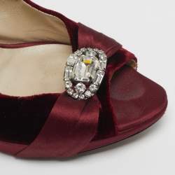 Pre Owned Dior Empire Size 41 Burgundy Velvet Crystal Embellished Peep Toe Pumps
