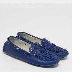 Pre Owned Dior Size 35.5 Blue Leather Cutout Flora Embellished Driver Loafers