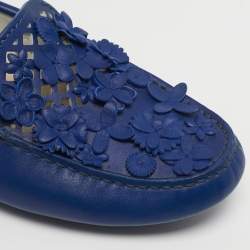 Pre Owned Dior Size 35.5 Blue Leather Cutout Flora Embellished Driver Loafers