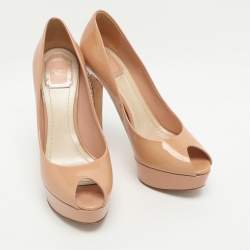 Pre Owned Dior Miss Dior Size 38.5 Beige Patent Leather Peep Toe Platform Pumps
