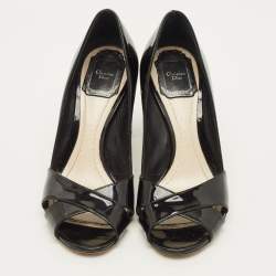 Pre Owned حذاء كعب عالي ديور جلد أسود لامع سيور متعاكسة مقدمة مفتوحة كعب كاناج مقاس 38