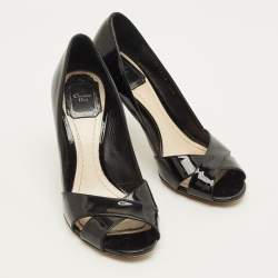 Pre Owned حذاء كعب عالي ديور جلد أسود لامع سيور متعاكسة مقدمة مفتوحة كعب كاناج مقاس 38