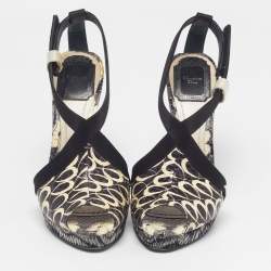 Pre Owned Dior Size 36.5 Black/White Satin and Water Snakeskin Ankle Strap Sandals