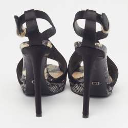 Pre Owned Dior Size 36.5 Black/White Satin and Water Snakeskin Ankle Strap Sandals